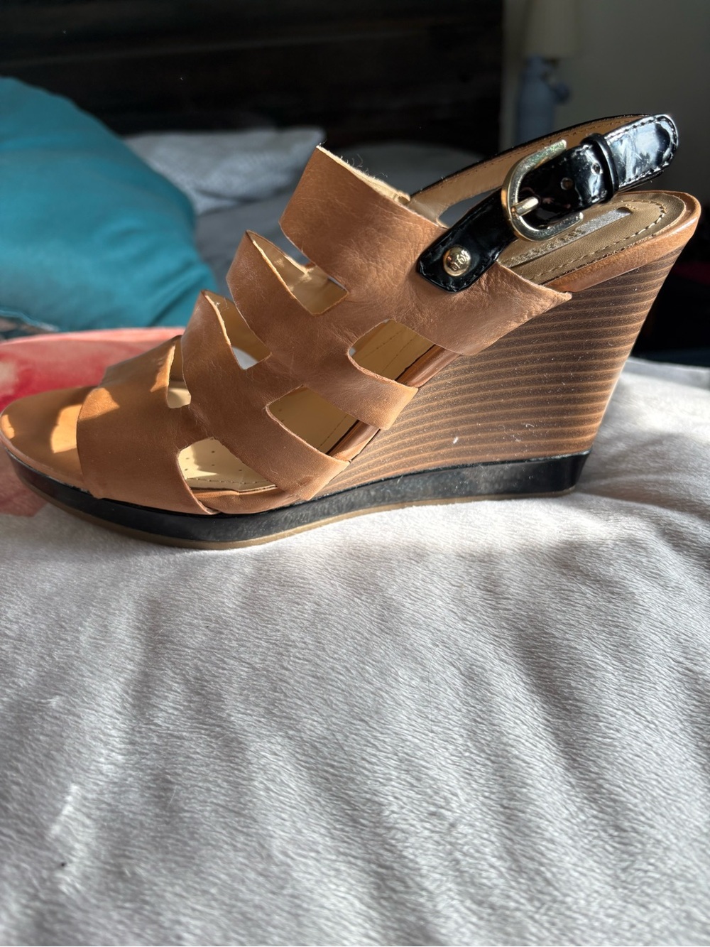 Geox Tan Wedge Sandals with Black Patent Buckle